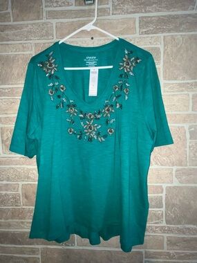 Chico's Teal Embellished V-Neck Short Sleeve Top